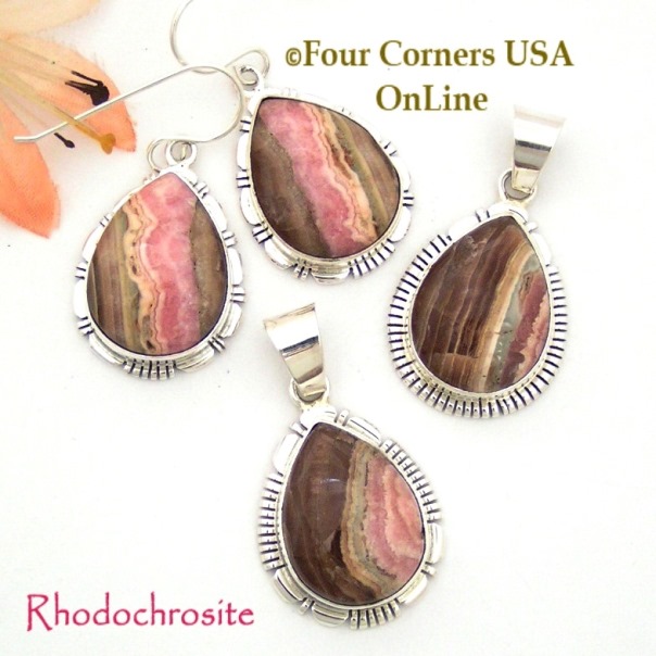 Chocolate Rhodochrosite Earrings Pendants Earrings Navajo Silver Jewelry at Four Corners USA OnLine