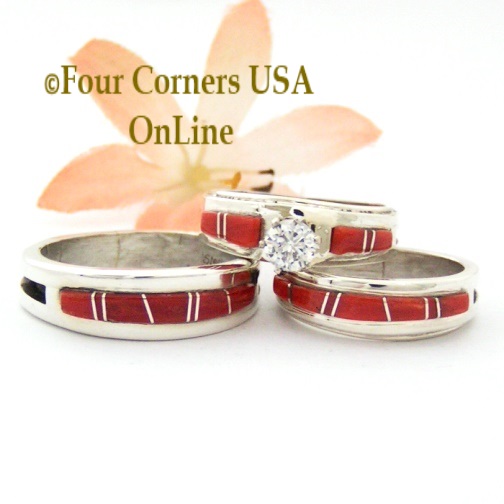 Coral Inlay Wedding Bridal Ring Sets and Inlay Band Rings Four Corners USA OnLine Native American Navajo Silver Jewelry