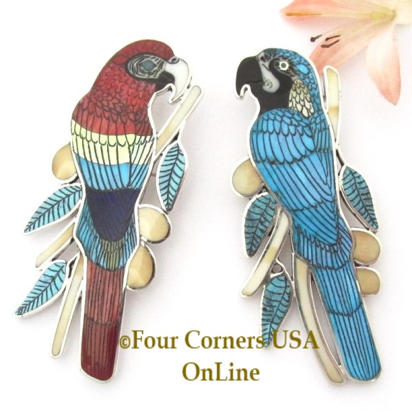 Blue Gold and Red Scarlet Macaw Fine Inlay Jewelry Zuni Harlan Coonsis Four Corners USA OnLine Native American Jewelry