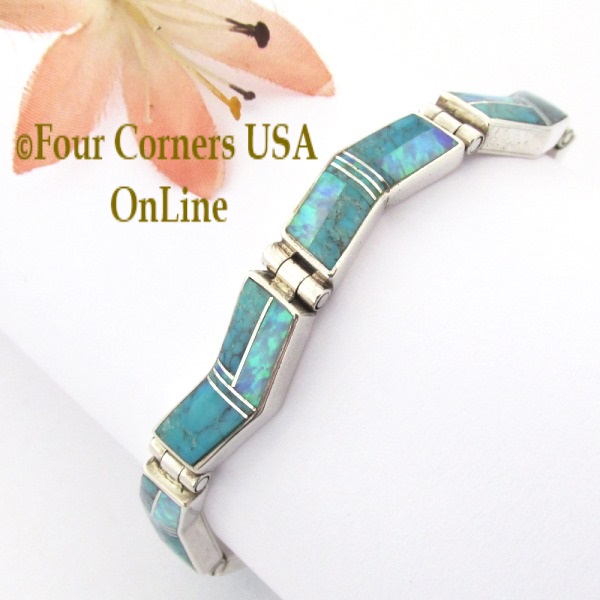 Turquoise Fire Opal Link Bracelet Kenneth Bitsie Contemporary Inlay Artisan Native American Jewelry Four Corners USA OnLine