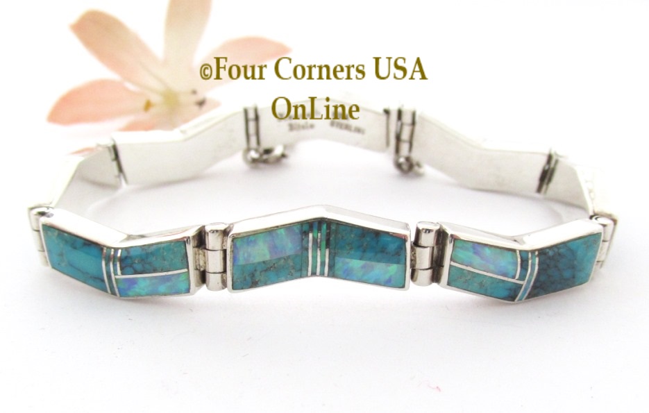 Turquoise Fire Opal Link Bracelet Kenneth Bitsie Contemporary Inlay Artisan Native American Jewelry Four Corners USA OnLine