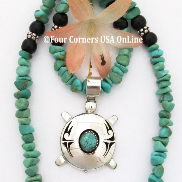 Sterling Silver Turtle Kingman Turquoise Bead 19 Inch Necklace Navajo Artisan Nelson Morgan Four Corners USA OnLine Native American Jewelry