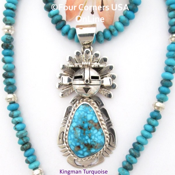 Kingman Turquoise Sun Kachina Pendant 21 Inch Bead Necklace Navajo Freddy Charley Four Corners USA OnLine Native American Jewelry