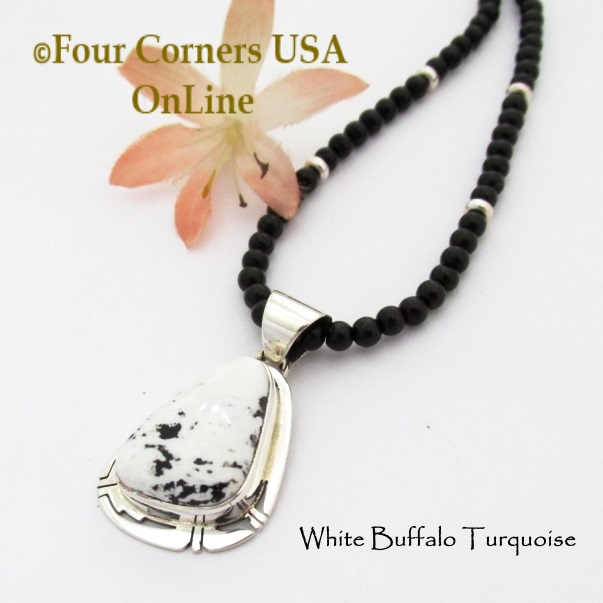 White Buffalo Turquoise Pendant Navajo Artisan Phillip Sanchez Onyx Bead Necklace Four Corners USA OnLine Native American Jewelry