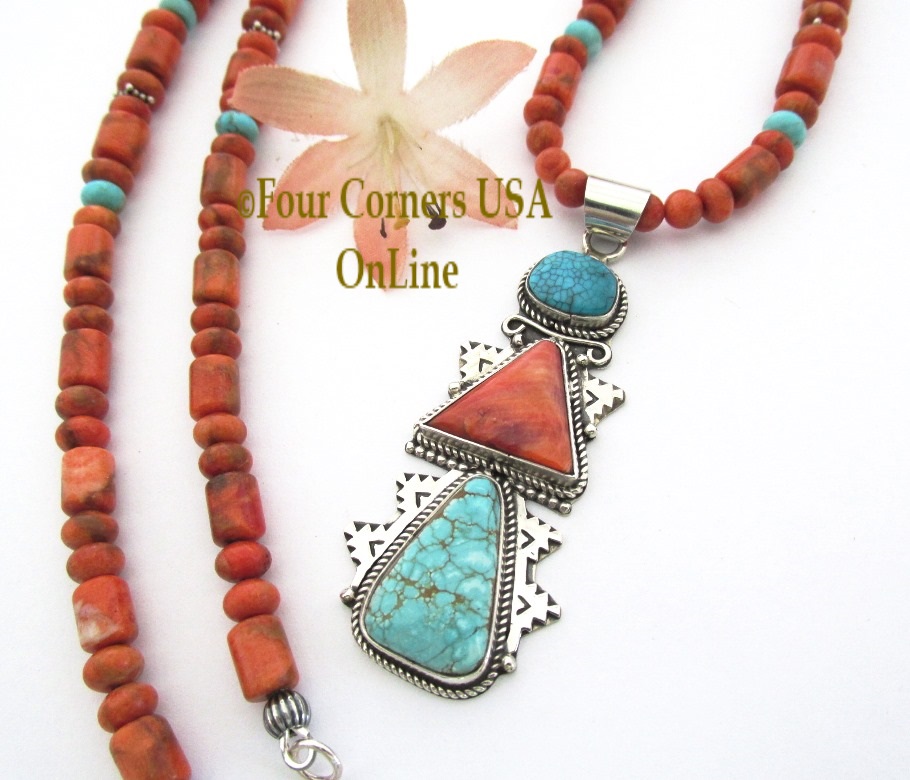 Turquoise Spiny Pendant 28 Inch Apple Coral Necklace Navajo Gary Nez Four Corners USA OnLine Native American Jewelry