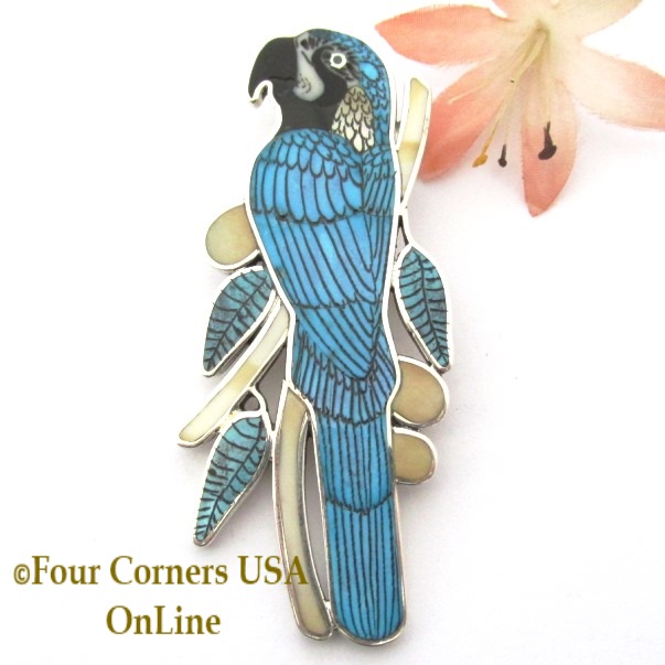 Blue Gold Macaw Parrot Inlay Pin Pendant Jewelry Zuni Artist Harlan Coonsis Four Corners USA OnLine Native American Jewelry
