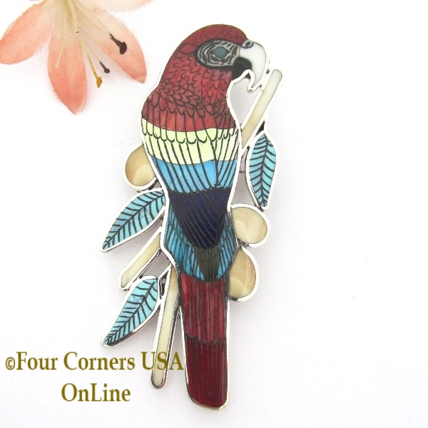 Scarlet Macaw Parrot Inlay Pin Pendant Wearable Jewelry Zuni Artist Harlan Coonsis Four Corners USA OnLine Native American Jewrlry