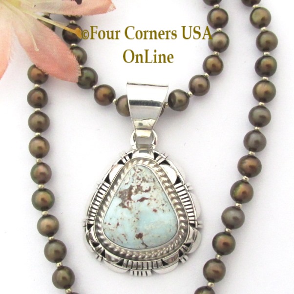 Dry Creek Turquoise Sterling Pendant Bead Necklace Navajo Artisan Larry Moses Yazzie Four Corners USA Online Native American Silver Jewelry