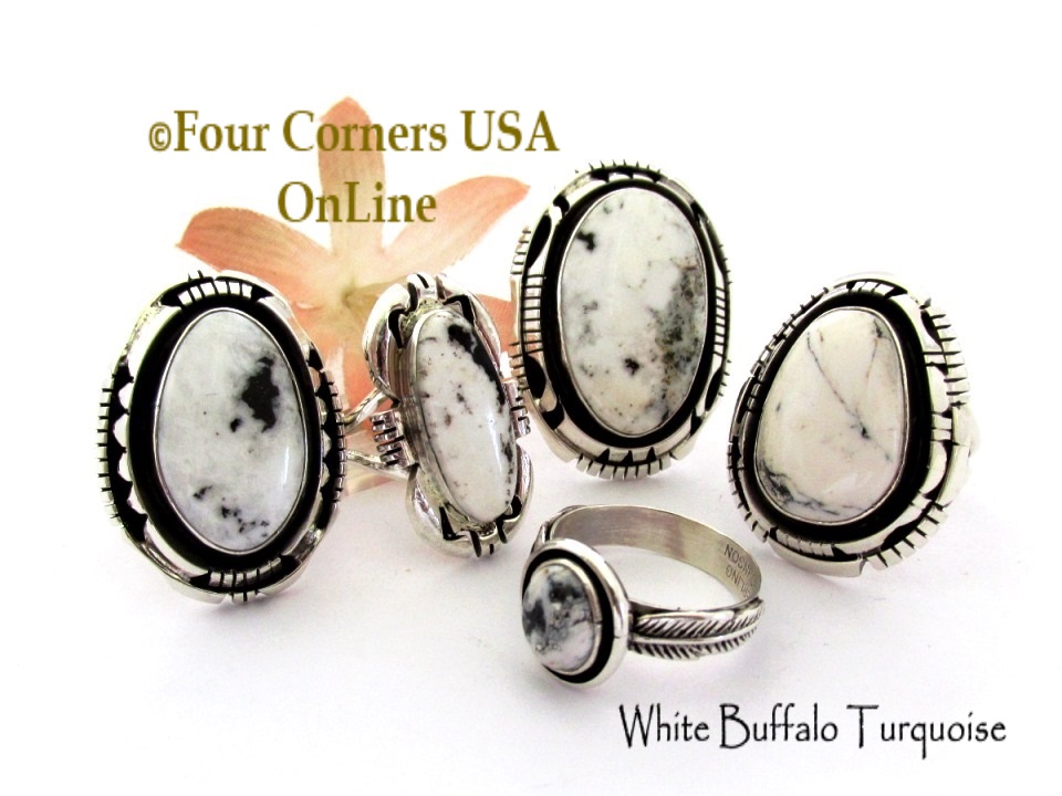 White Buffalo Turquoise Rings Four Corners USA OnLine Native American Silver Jewelers