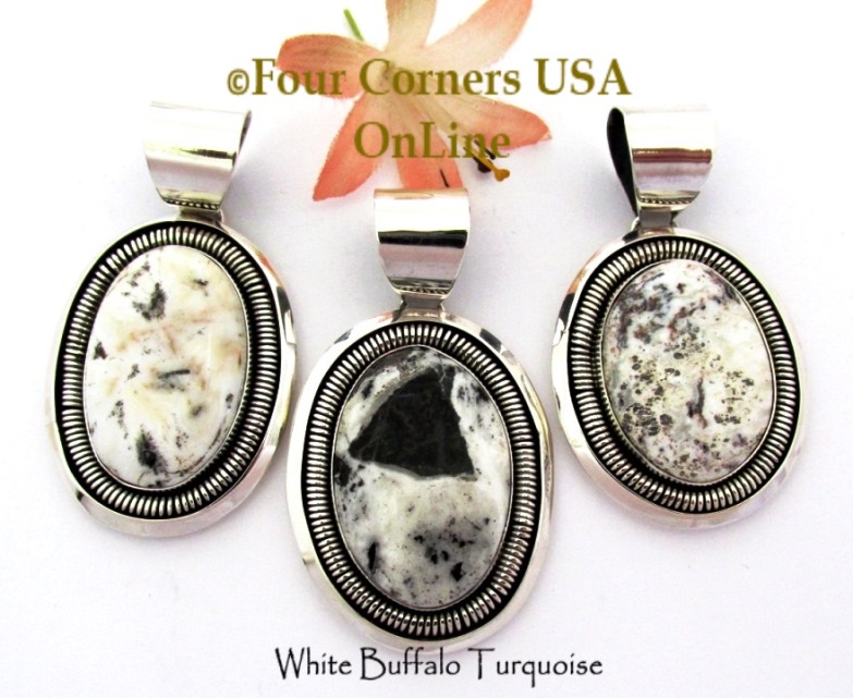 White Buffalo Turquoise Silver Pendants Navajo Jeweler Bobby Becenti Four Corners USA OnLine
