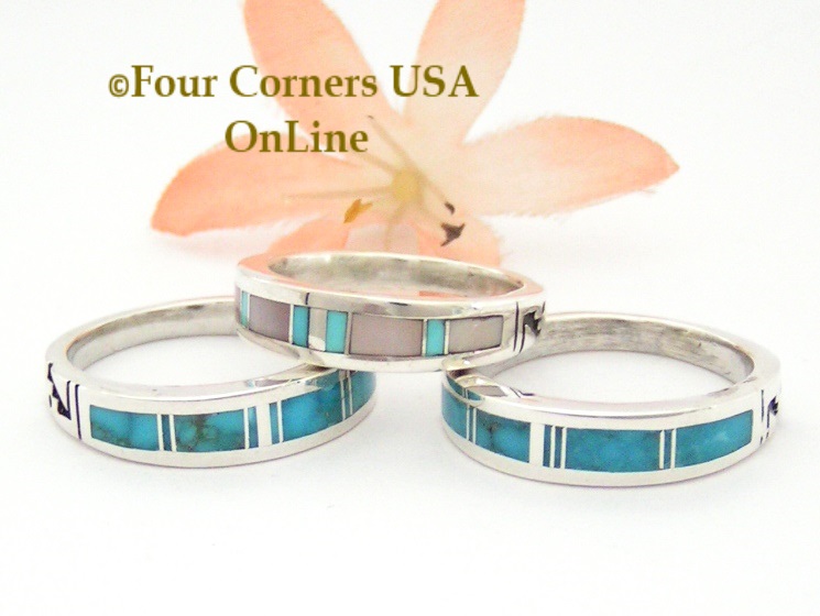 Men's Native American Inlay Turquoise Rings by Navajo Wilbert Muskett Jr Four Corners USA OnLine