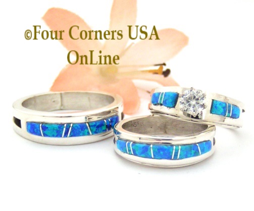 Blue Fire Opal Bridal Engagement and Bridegroom Ring Sets by Navajo Wilbert Muskett Jr Four Corners USA OnLine Native American Jewelry