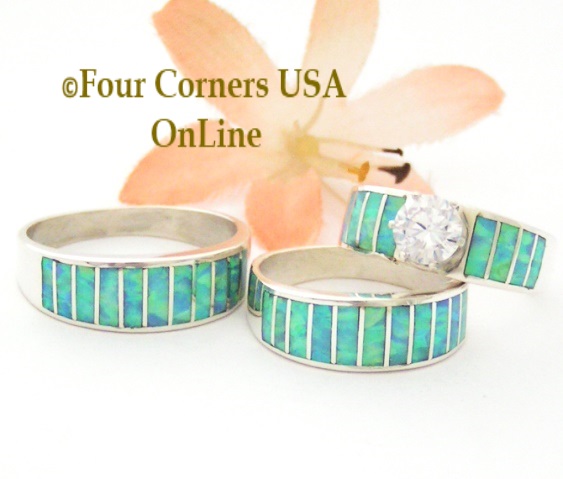 Blue Fire Opal Inlay Round CZ Engagement Bridal Wedding Ring Sets Navajo Ella Cowboy Four Corners USA Online Native American Jewelry