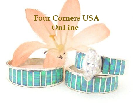 Blue Fire Opal Inlay Marquis CZ Engagement Bridal Wedding Ring Sets Navajo Ella Cowboy Four Corners USA Online Native American Jewelry