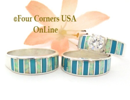 Turquoise White Fire Opal Bridal Engagement Wedding Ring Sets Navajo Ella Cowboy Four Corners USA OnLine Native American Jewelry