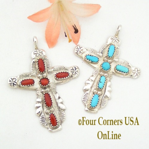 Zuni Artisan Cecilia Iule Turquoise and Coral Cross Jewelry Four Corners USA OnLine