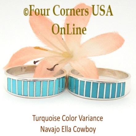Turquoise Inlay Band Rings Navajo Silversmith Ella Cowboy Four Corners USA Online