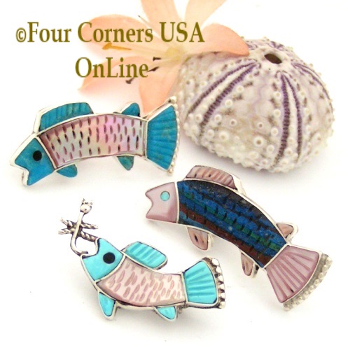 Zuni Inlay Fish Brooches Four Corners USA OnLine Native American Silver Jewelry