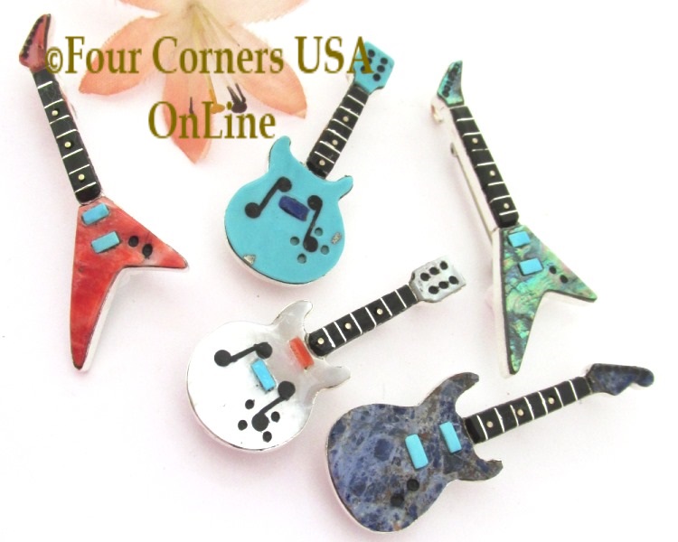 Zuni Inlay Guitar Pin Pendants On Sale Now! Four Corners USA OnLine Native American Art by Eric Lonjose