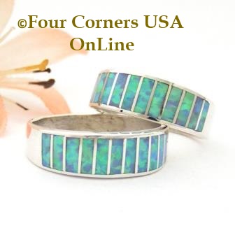 Blue Fire Opal Inlay Band Rings Navajo Ella Cowboy Four Corners USA OnLine Native American Jewelry