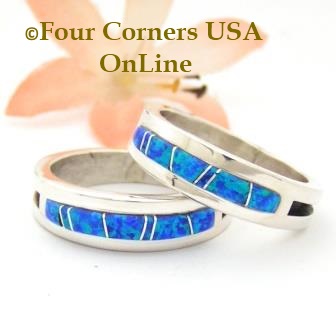 Blue Fire Opal Inlay Band Rings Navajo Wilber Muskett Jr Four Corners USA OnLine Native American Jewelry