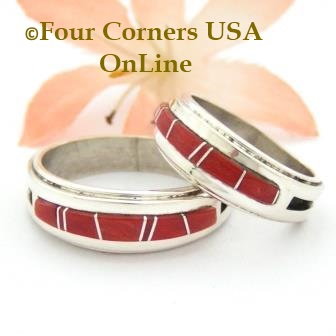 Coral Inlay Band Rings Navajo Wilbert Muskett Jr Four Corners USA OnLine Native American Jewelry