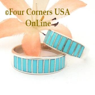 Turquoise Inlay Wedding Band Rings Navajo Silversmith Ella Cowboy Four Corners USA Online Native American Jewelry