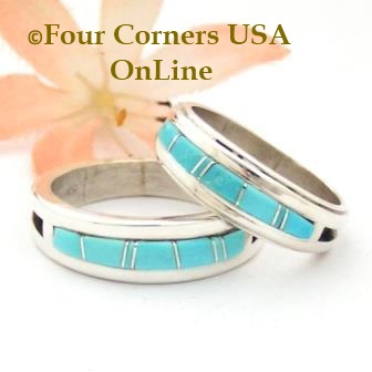 Turquoise Inlay Band Rings Navajo Silversmith Wilbert Muskett Jr Four Corners USA Online
