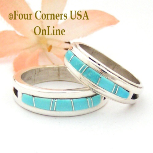 Turquoise Inlay Band Rings Navajo Wilbert Muskett Jr Four Corners USA OnLine Native American Jewelry http://stores.fourcornersusaonline.com/turquoise-inlay-rings-wilbert-muskett-jr/