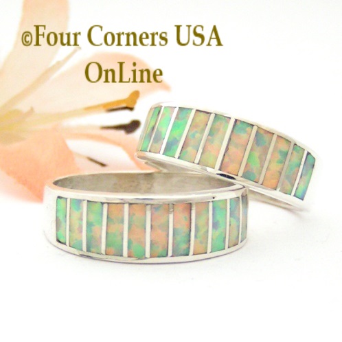 White Fire Opal Inlay Band Rings Navajo Ella Cowboy Four Corners USA OnLine Native American Jewelry http://stores.fourcornersusaonline.com/white-fire-opal-inlay-band-rings/