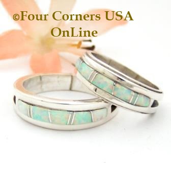 White Fire Opal Inlay Band Rings by Wilbert Muskett Jr. Four Corners USA OnLine Native American Indian Silver Jewelry