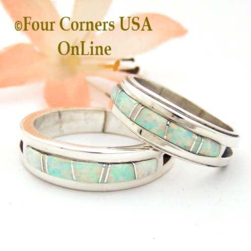 White Fire Opal Inlay Band Rings Navajo Wilbert Muskett Jr Four Corners USA OnLine Native American Jewelry http://stores.fourcornersusaonline.com/white-fire-opal-inlay-band-rings/