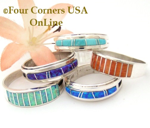 Colorful Inlay Band Wedding Ring Four Corners USA OnLine Native American Navajo Silver Jewelry