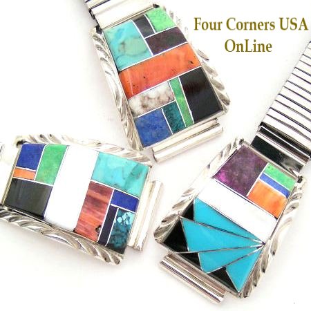 Men's Inlay Silver Watch Navajo Arnold Yazzie Four Corners USA OnLine Native American Jewelry Store