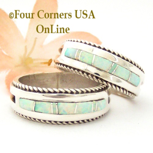 White Opal Inlay Band Rings with Rope Accent Navajo Wilber Muskett Jr Four Corners USA OnLine Native American Jewelry