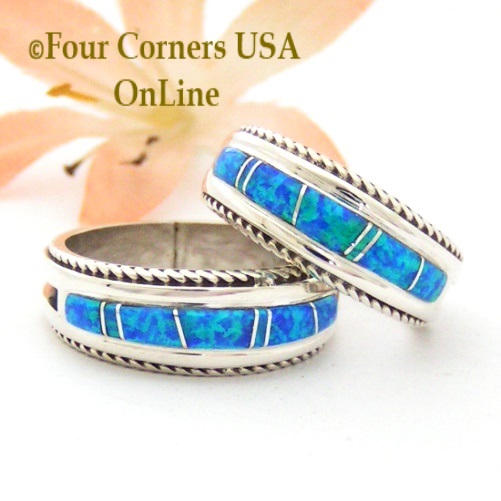 Blue Fire Opal Inlay Band Rings with Rope Accent Navajo Wilber Muskett Jr Four Corners USA OnLine Native American Jewelry