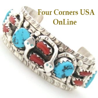 Large Turquoise and Coral Snake Design Men's Cuff Bracelet by Navajo Harry Spencer Four Corners USA OnLine Native American Jewelry