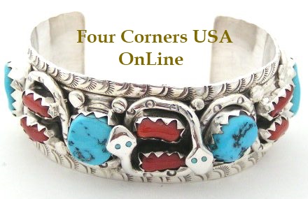 Large Turquoise and Coral Snake Design Men's Cuff Bracelet by Navajo Harry Spencer Four Corners USA OnLine Native American Jewelry
