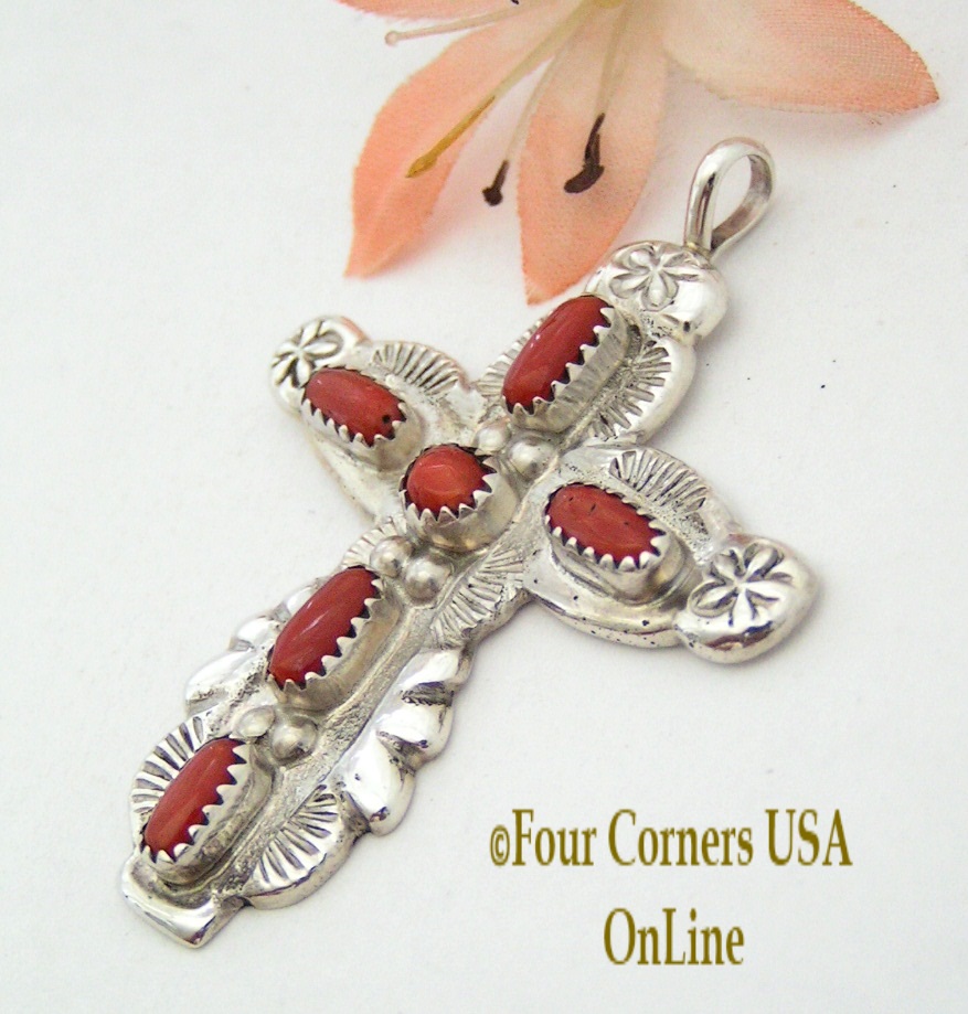 Coral Cross Pendant Iule Zuni Jewelry Four Corners USA OnLine