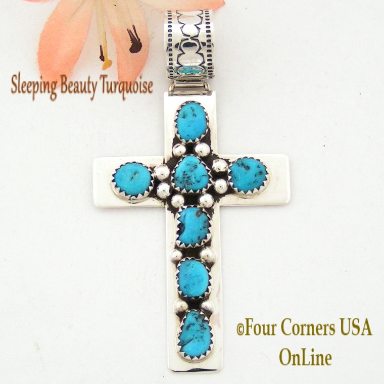 Sleeping Beauty Nugget Turquoise Cross Pendant by Navajo Tiffany Smith Four Corners USA OnLine Native American Jewelry