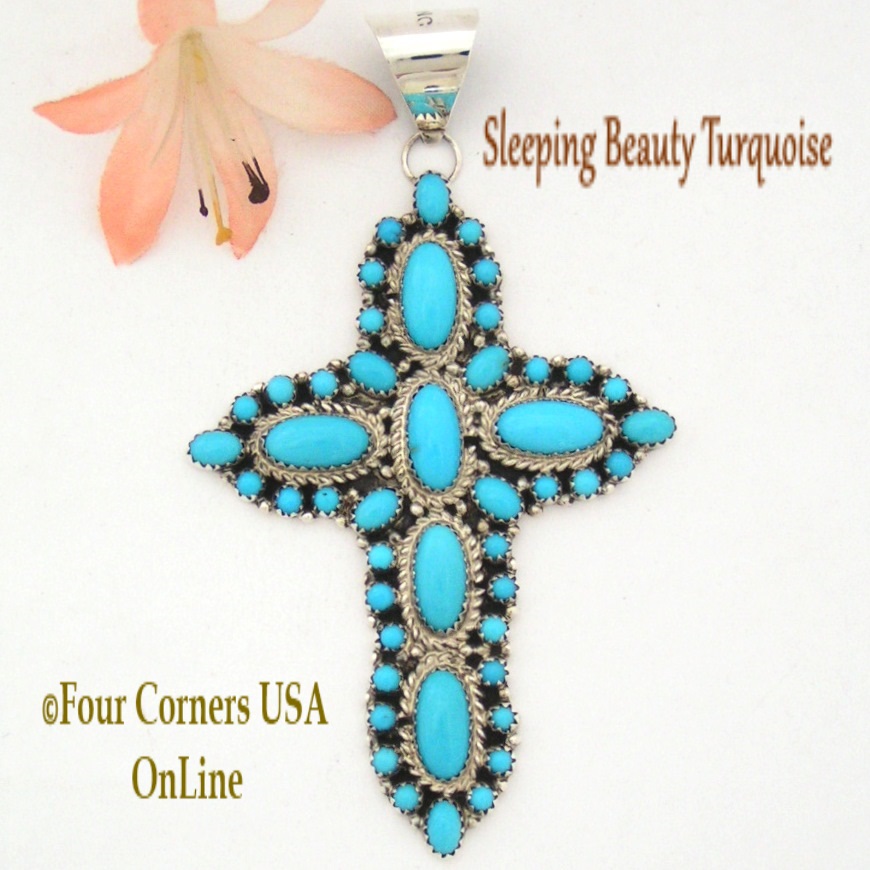 Large Sleeping Beauty Turquoise Cross Pendant by Navajo Nate Curley Four Corners USA OnLine Native American Jewelry