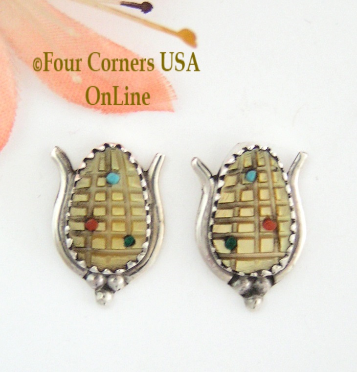 Yellow Mother of Pearl Shell Corn Maize Sterling Post Earrings Four Corners USA OnLine Native American Zuni Artisan Tracy Bowekaty