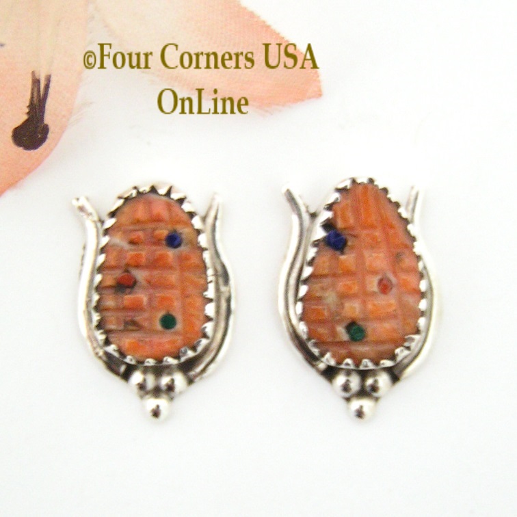 Orange Spiny Oyster Shell Corn Sterling Post Earrings Four Corners USA OnLine Native American Zuni Artisan Tracy Bowekaty