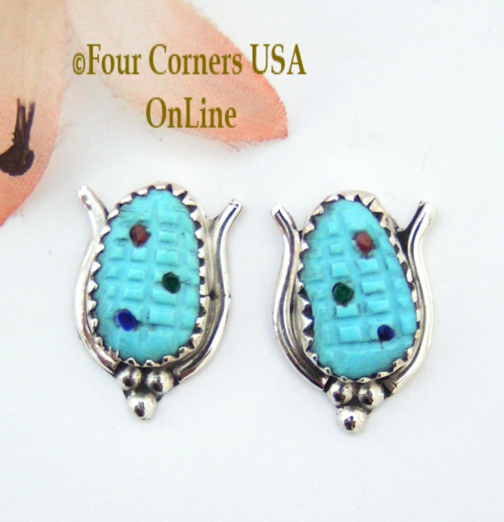 Turquoise Corn Sterling Post Earrings Four Corners USA OnLine Native American Zuni Artisan Tracy Bowekaty