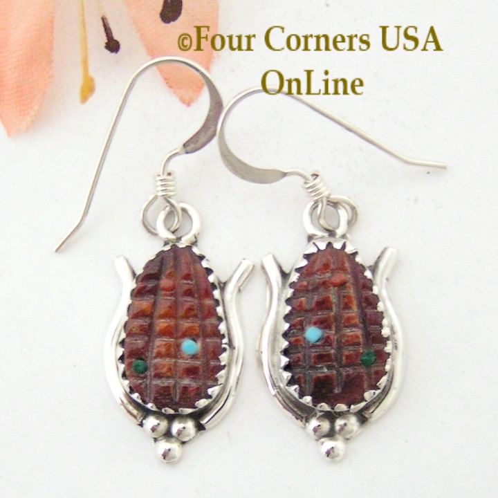 Red Spiny Oyster Maize Sterling Dangle Earrings Four Corners USA OnLine Native American Zuni Artisan Tracy Bowekaty