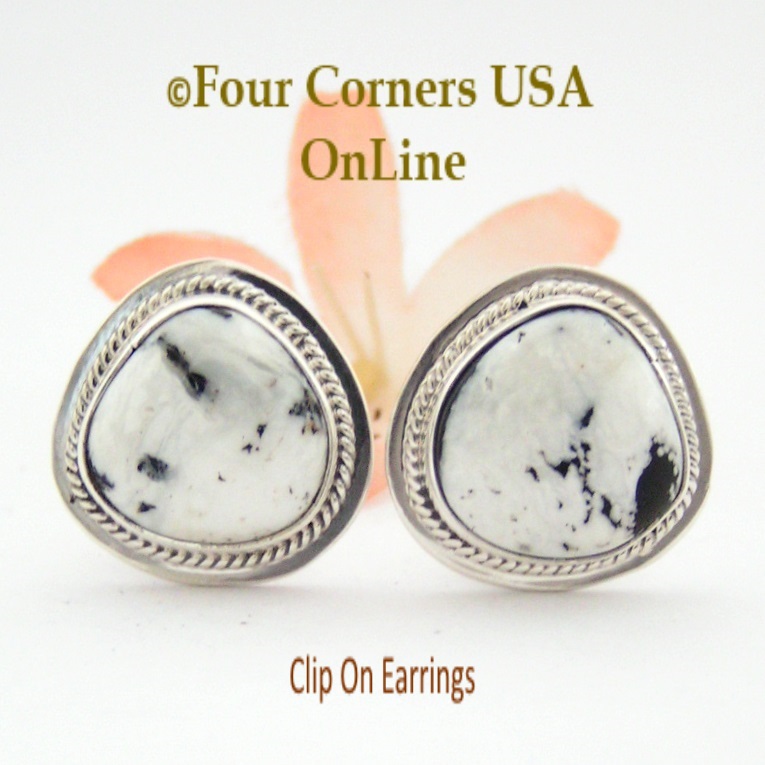 White Buffalo Turquoise Sterling Clip On Earrings Four Corners USA OnLine Navajo Artisan Lucy Valencia Jewelry NAER-1464