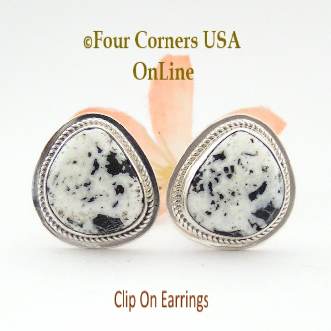 White Buffalo Turquoise Sterling Clip On Earrings Four Corners USA OnLine Navajo Artisan Lucy Valencia Jewelry NAER-1465