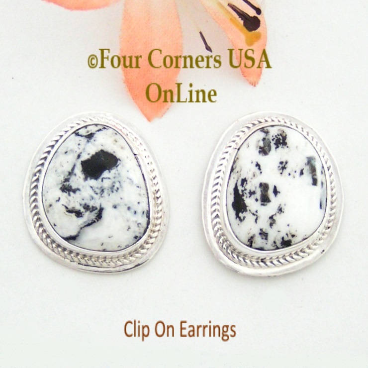 White Buffalo Turquoise Sterling Clip On Earrings Navajo Artisan Lucy Valencia Four Corners USA OnLine Native American Jewelry NAER-1466