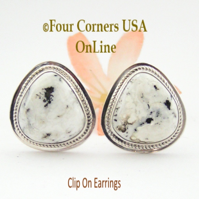 White Buffalo Turquoise Sterling Clip On Earrings Navajo Artisan Lucy Valencia Four Corners USA OnLine Native American Jewelry NAER-1467