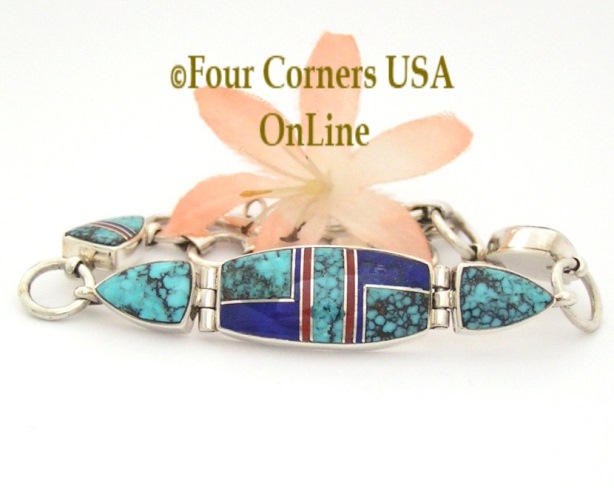 Fine Inlay Turquoise Link Bracelet Shiela Tso Four Corners USA OnLine Native American Silver Jewelry